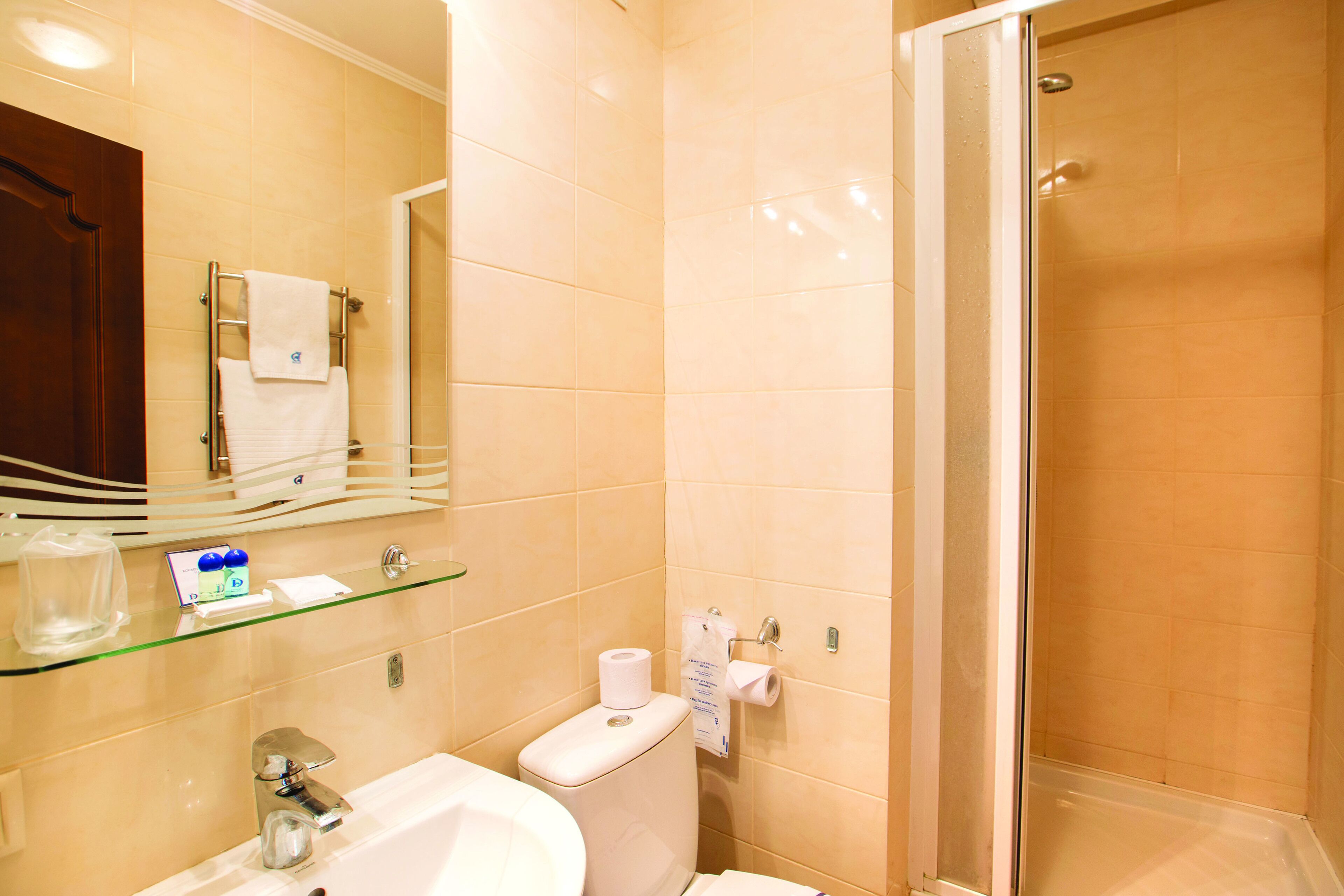 Une salle de bain avec une étagère en verre, un lavabo, des toilettes et une douche.