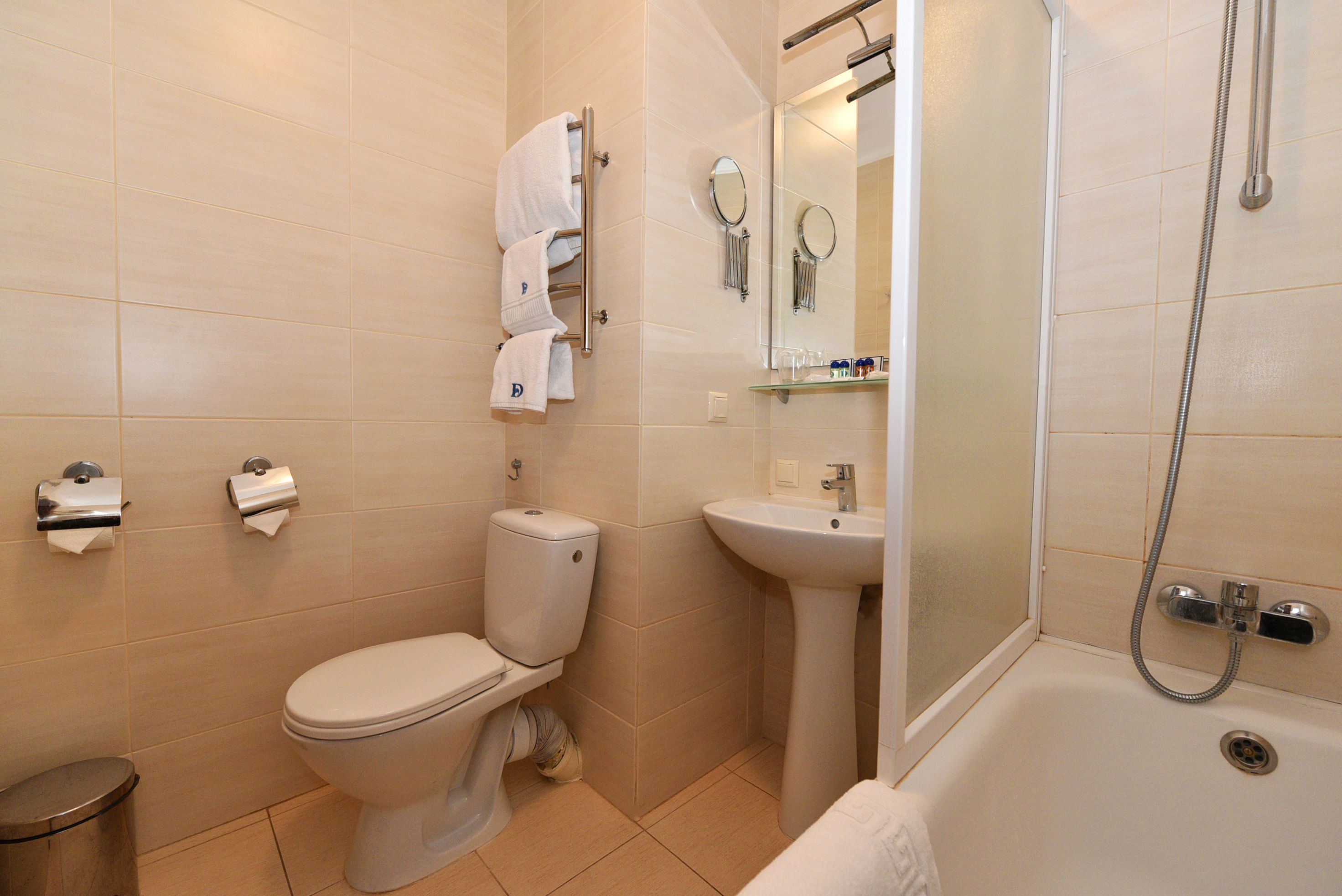 Een badkamer met toilet, wastafel en douche.