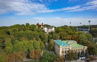 Een groot, historisch gebouw met een groen dak, omringd door dichte bomen en een heldere lucht.