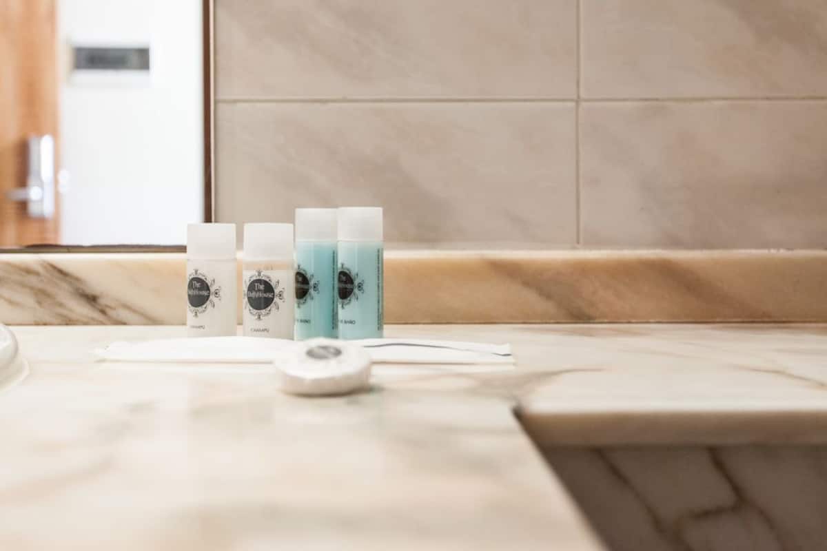 free toiletries, hair dryer, towels