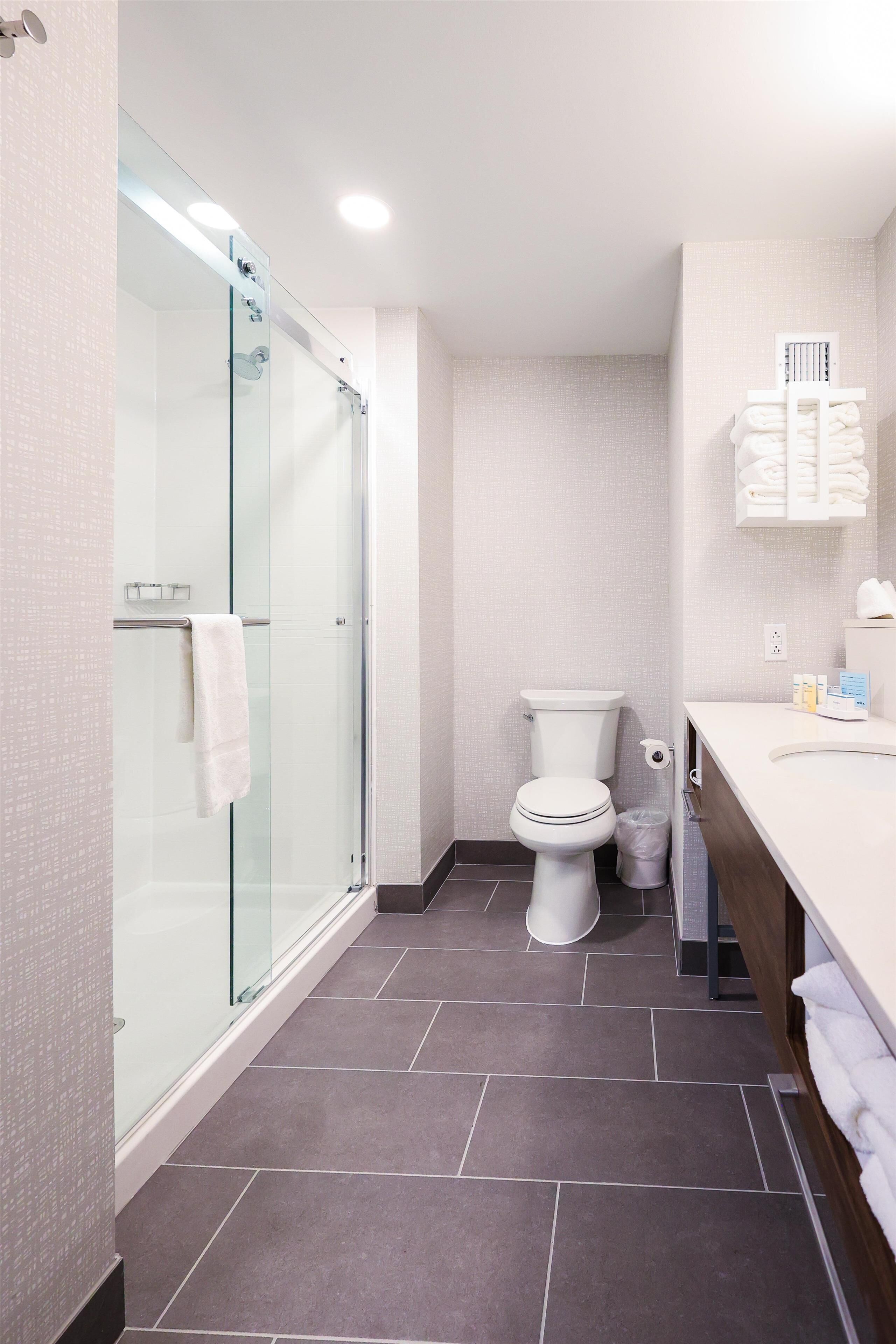 A modern bathroom with a glass shower enclosure, a toilet, and a vanity with a towel rack.