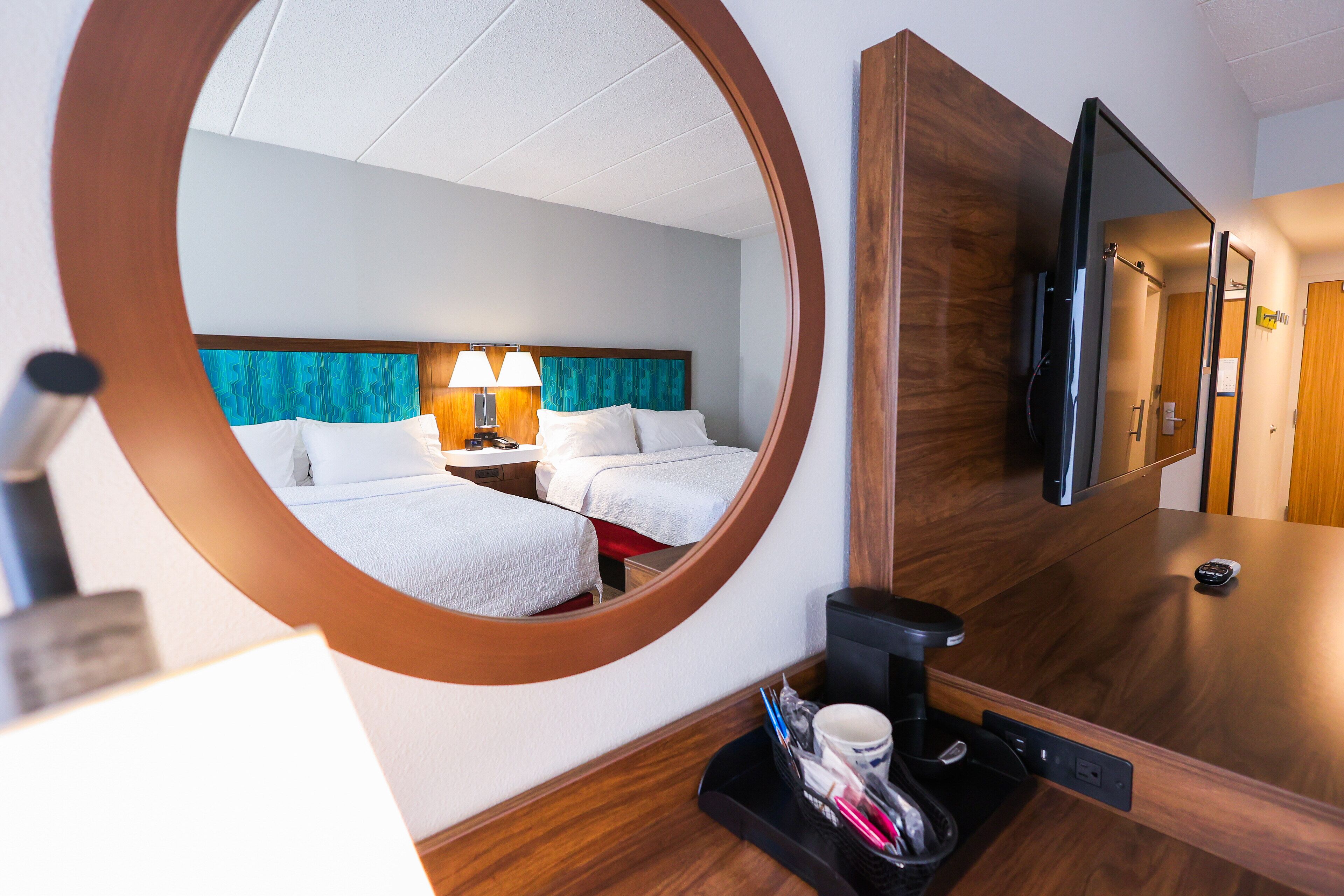 two queen beds non smoking | living area | lcd tv