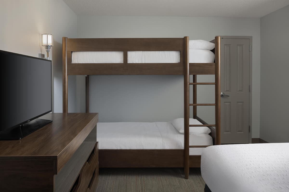 A bunk bed with a TV on a wooden dresser, a door, and a carpeted floor.