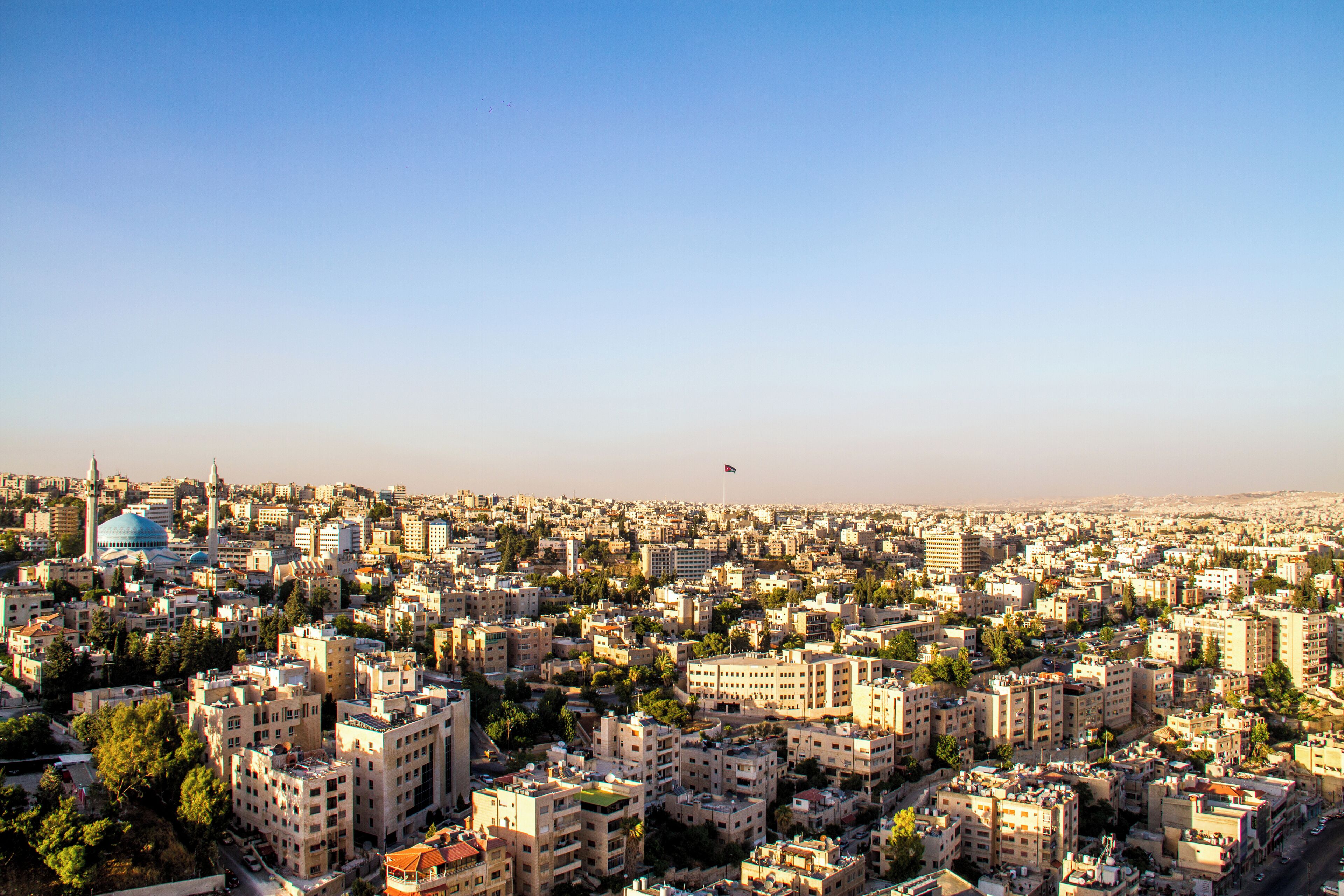 A cityscape with numerous buildings, a prominent mosque with a blue dome, and a flag on a tall structure.