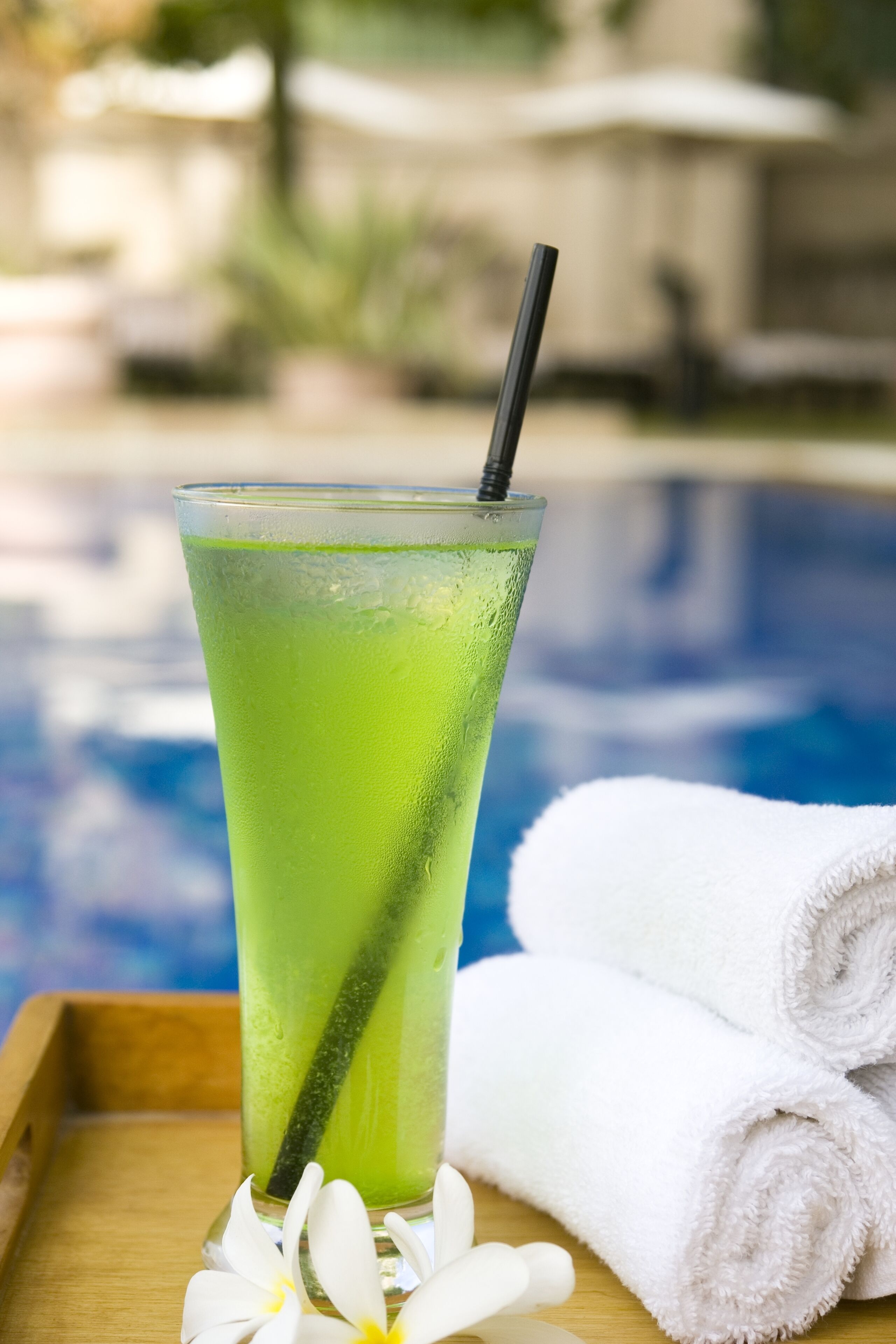 Outdoor pool, pool umbrellas, pool loungers