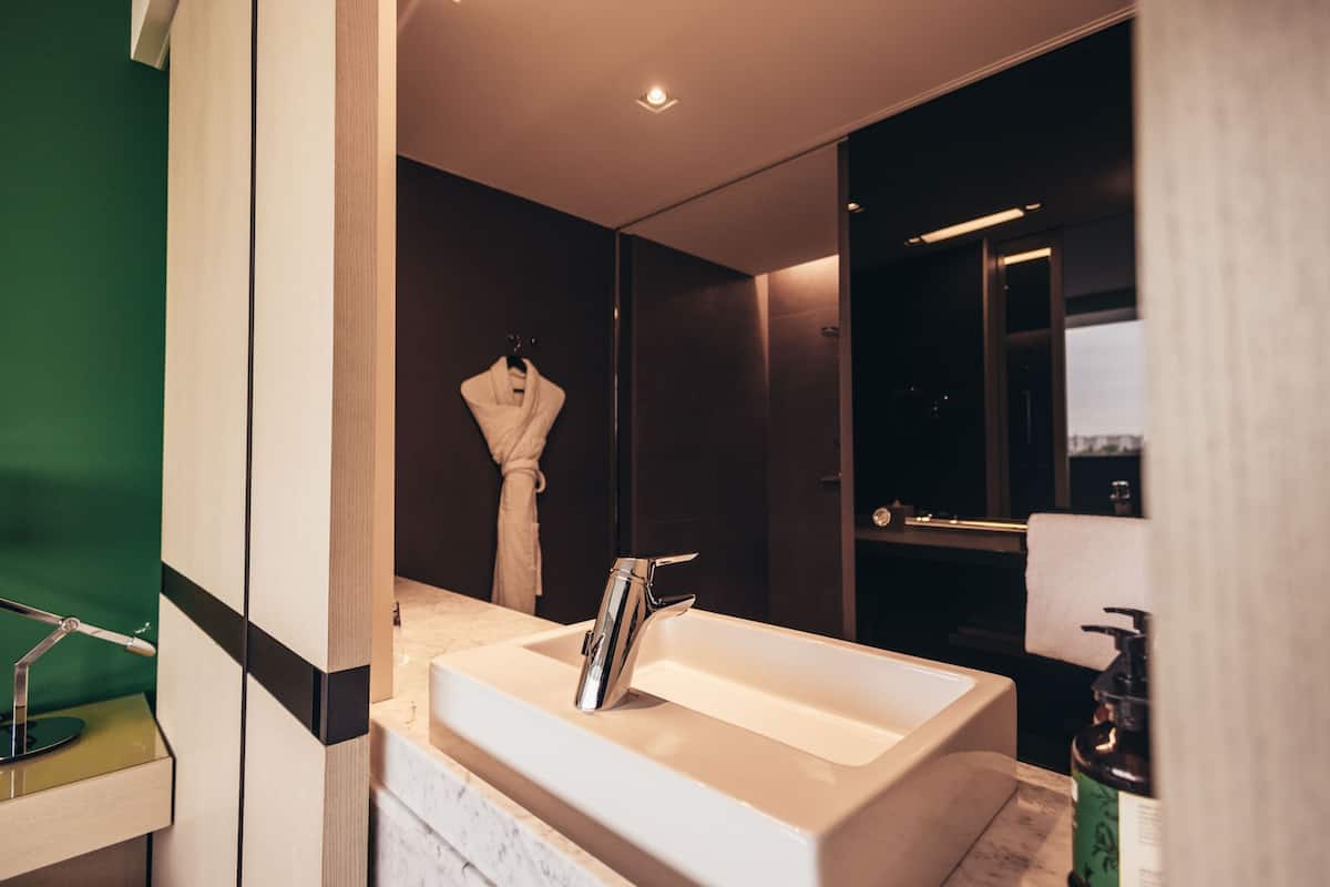 premium room, 1 king bed | bathroom | rainfall showerhead, free toiletries, hair dryer, bathrobes