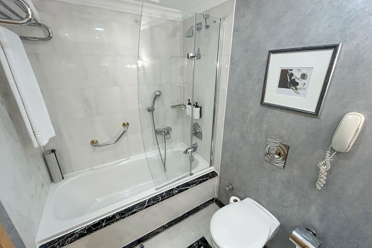 Bathtub, free toiletries, hair dryer, bathrobes