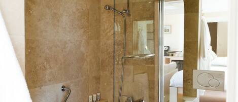 A modern bathroom with a glass-enclosed shower, a bathtub, a toilet, and a large mirror.