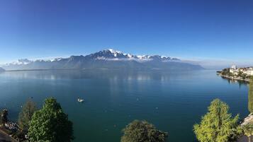 A lake with mountains in the background, a clear sky, and a view of a town on the right.