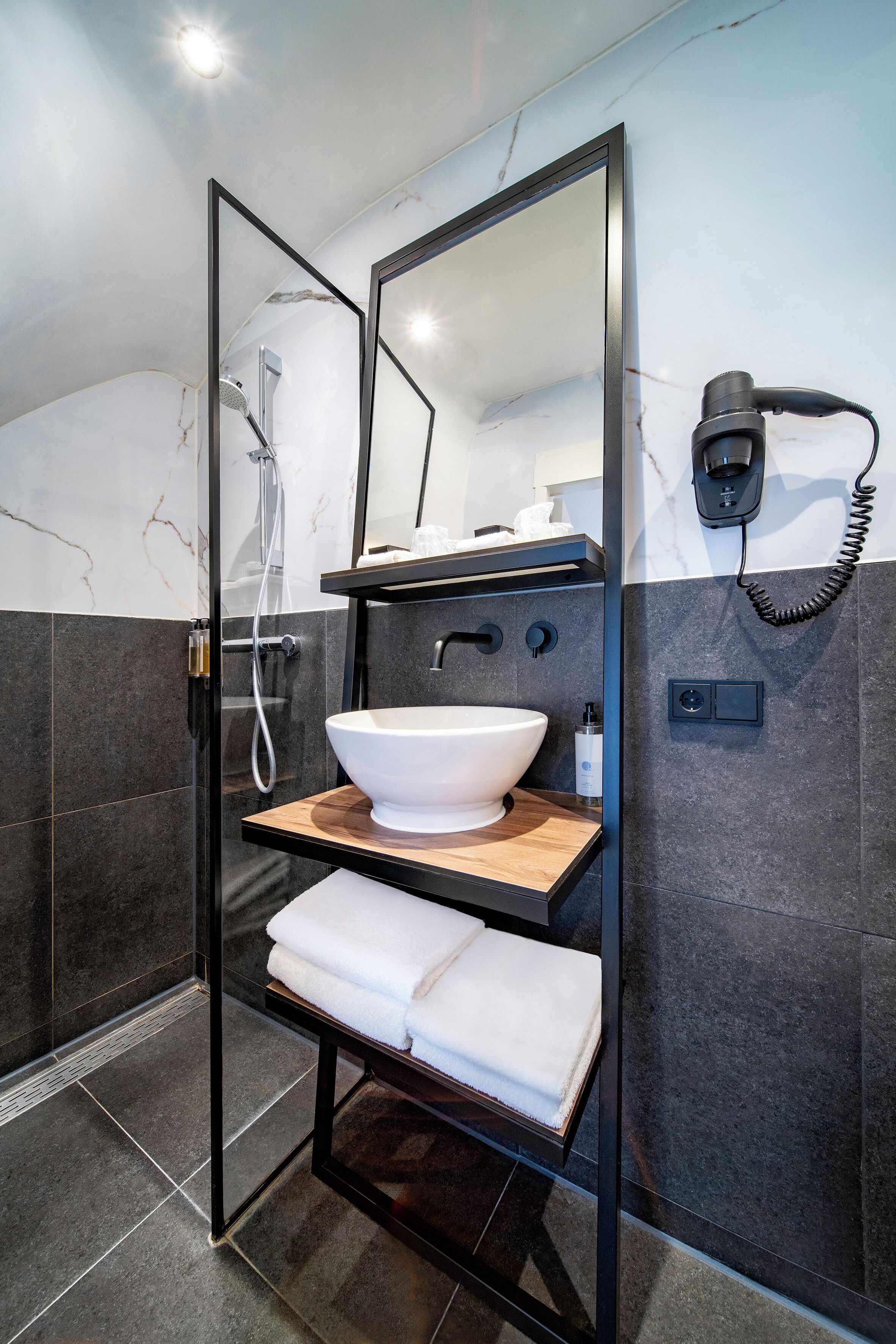 twin room (stairway access only) | bathroom | hair dryer, towels