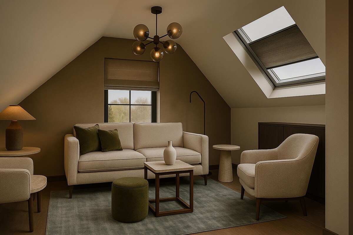 A cozy loft-style living room with a high ceiling, a sofa set, a coffee table, a side table, a floor lamp, a small round ottoman, and a skylight.