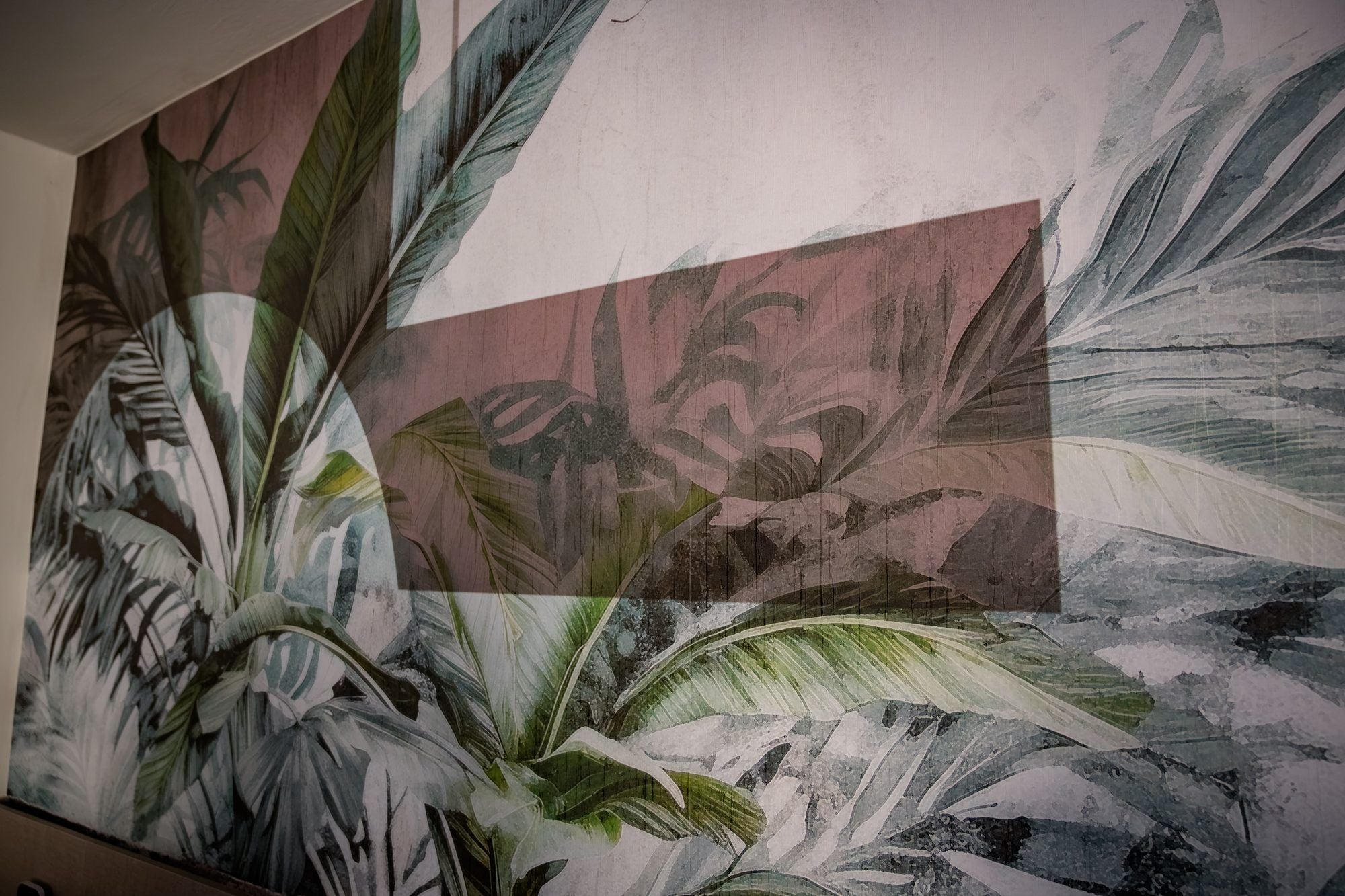 A wall with a tropical leaf pattern.