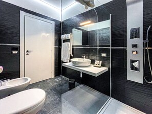 Shower, free toiletries, hair dryer, bidet