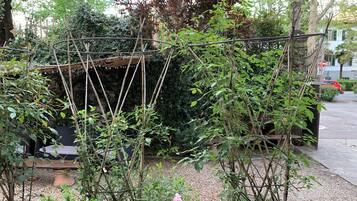 Ein Garten mit Spalier, Kiesboden und einer Steinsitzbank.