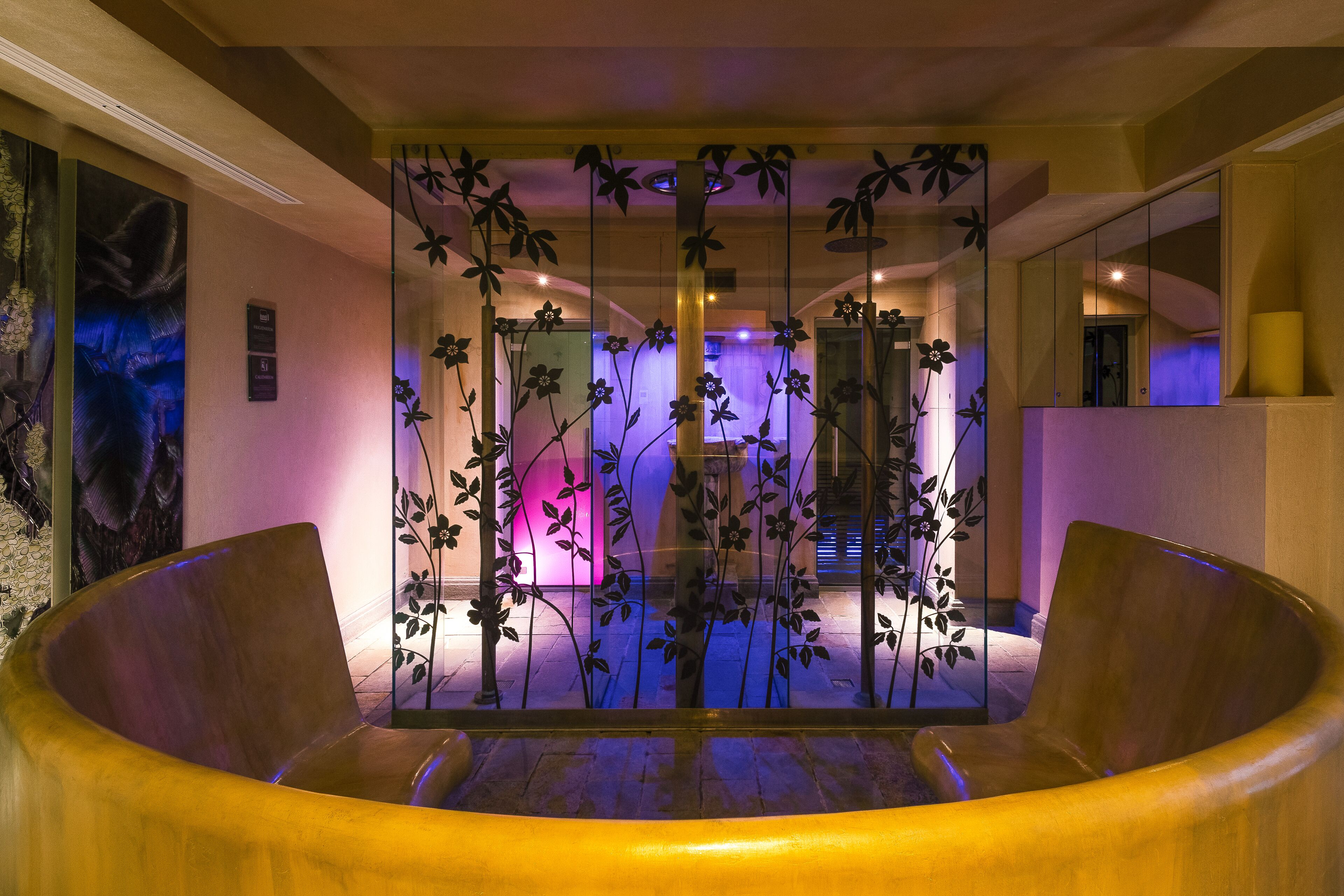 Un espace de détente avec un banc incurvé, une cloison décorative en verre ornée de motifs floraux et un éclairage violet en arrière-plan.