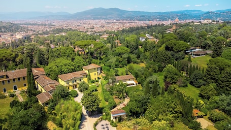 An aerial view of a residential area with houses surrounded by lush greenery, a clear sky, and distant mountains.