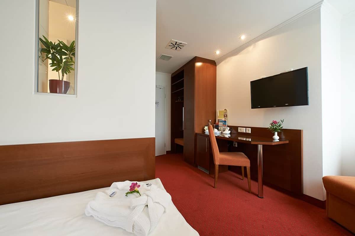 A hotel room with a bed, a desk, a chair, a TV, and a potted plant.