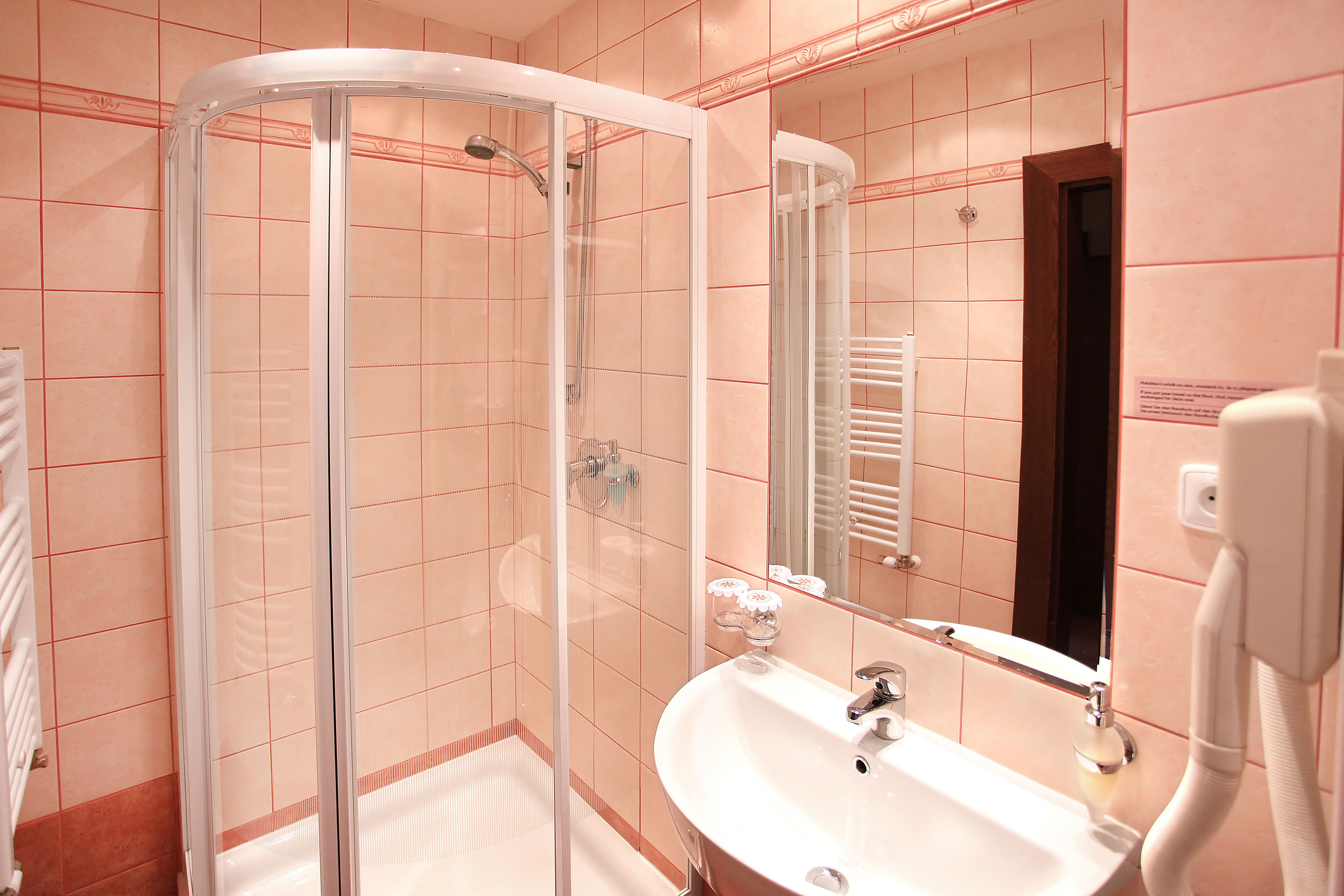 Une salle de bain avec une douche à parois de verre, un lavabo et un miroir.