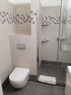 Shower, free toiletries, hair dryer, towels