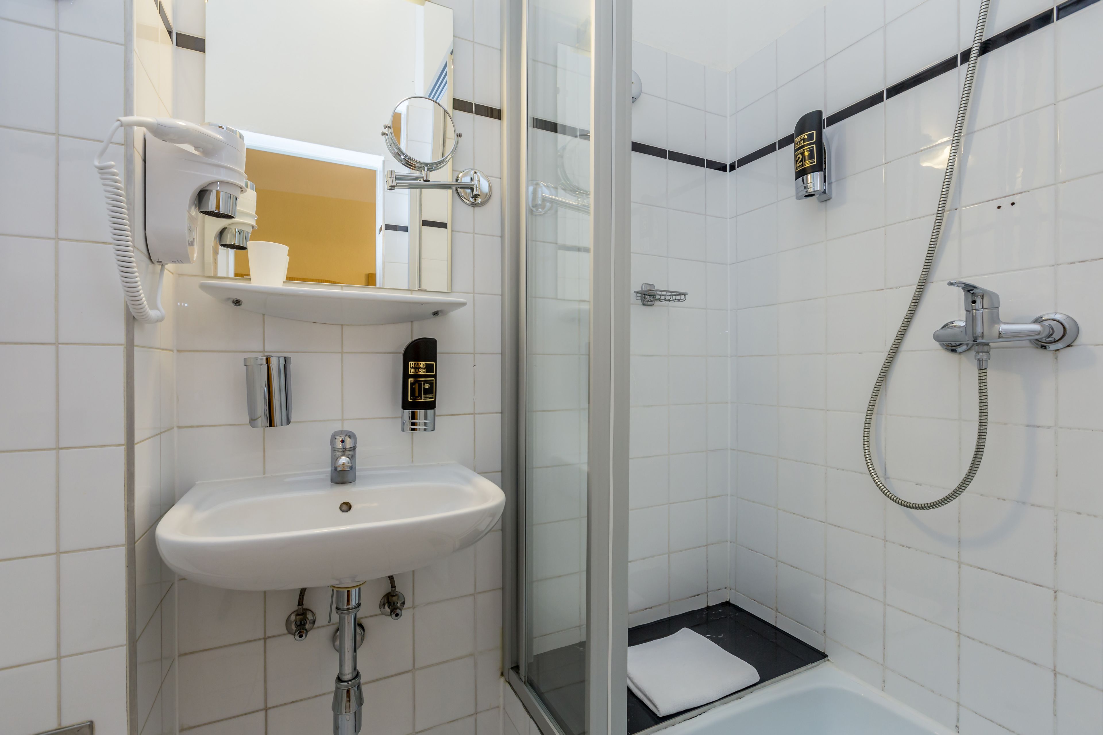 free toiletries, hair dryer, towels