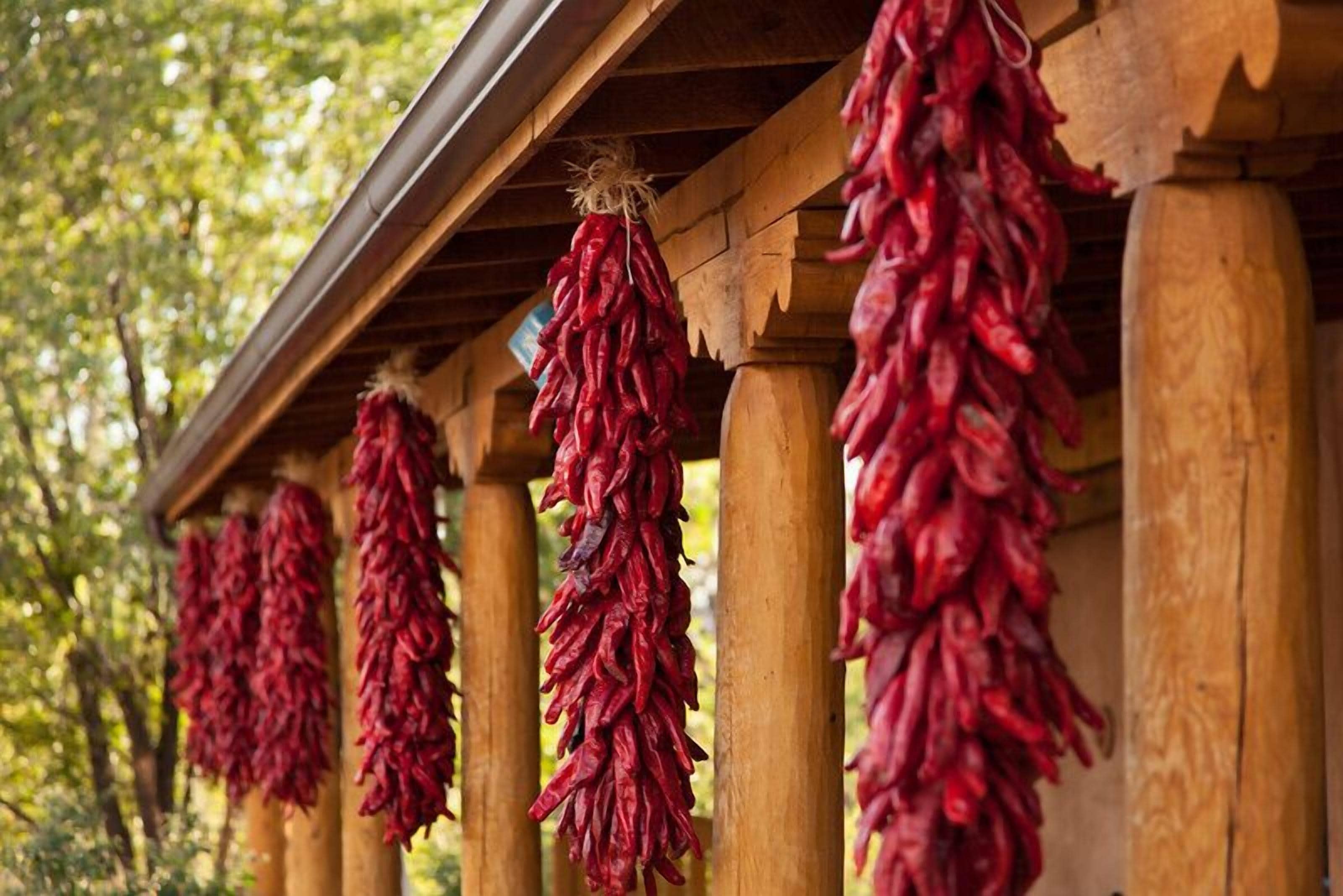 A wooden structure with hanging red peppers.