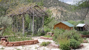 A rustic cabin with a green roof, surrounded by a garden with various plants and a pergola structure.