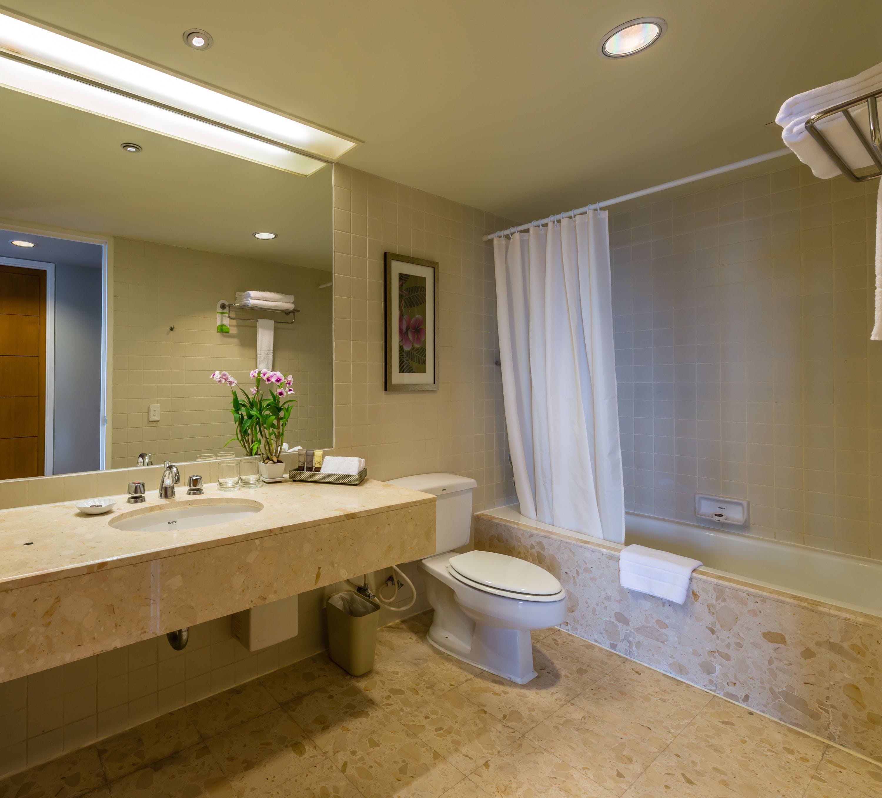 A bathroom with a marble sink, a toilet, a bathtub, and a shower curtain.