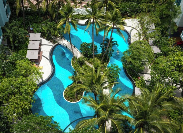 Outdoor pool, open 6:00 AM to 9:00 PM, pool umbrellas, sun loungers