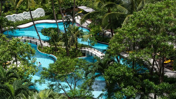 Una piscina amplia y serpenteante rodeada de abundante vegetación y palmeras.