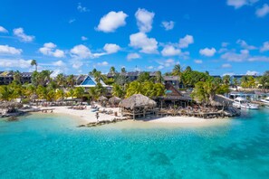Un resort tropical con playa, palmeras y construcciones de techo de paja.