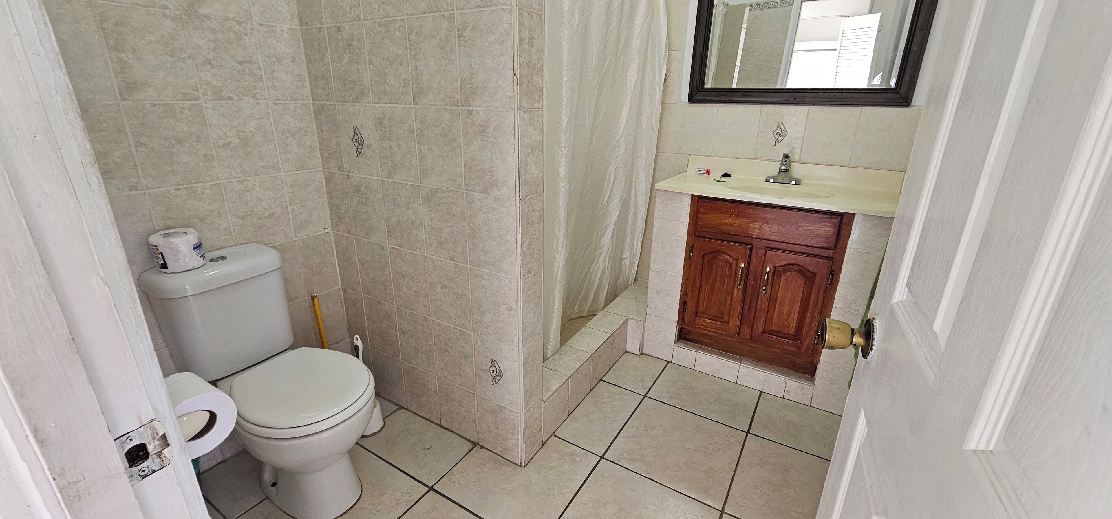 Een badkamer met toilet, wastafel en spiegel.