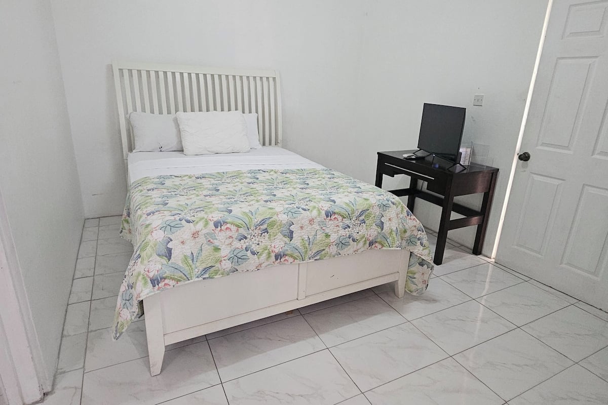 A bedroom with a bed, a nightstand, a television, and a door.