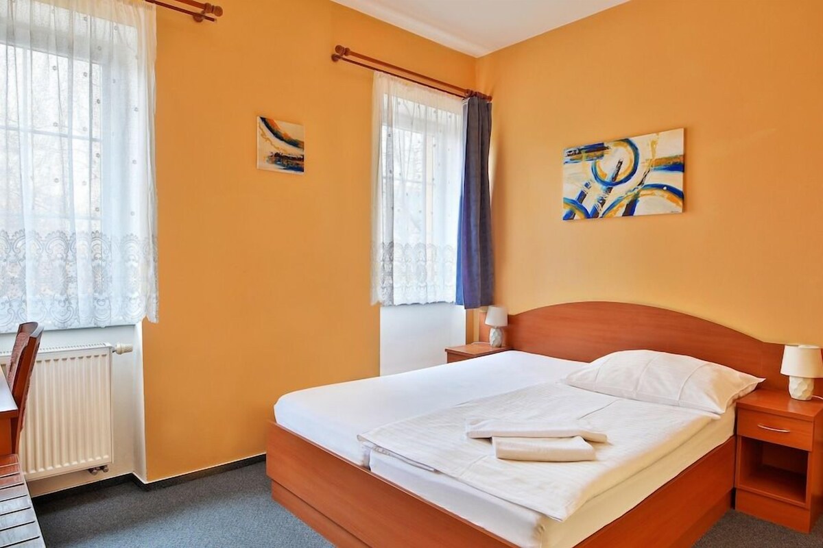 A hotel room with a wooden bed, a radiator, a window with curtains, and two paintings on the wall.