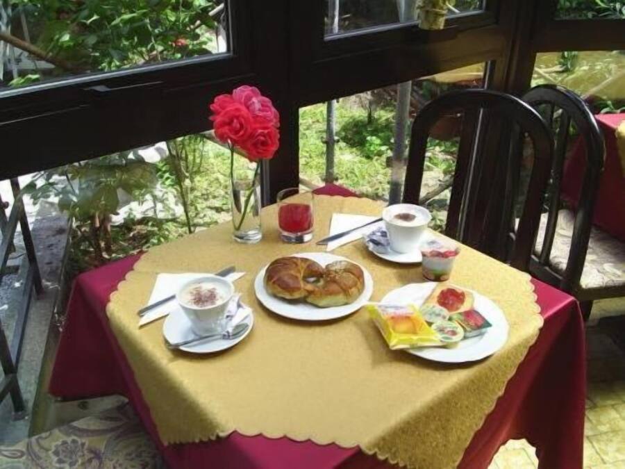 A table set with a meal, including croissants, a cup of coffee, and a glass of juice, on a veranda with a view of greenery.