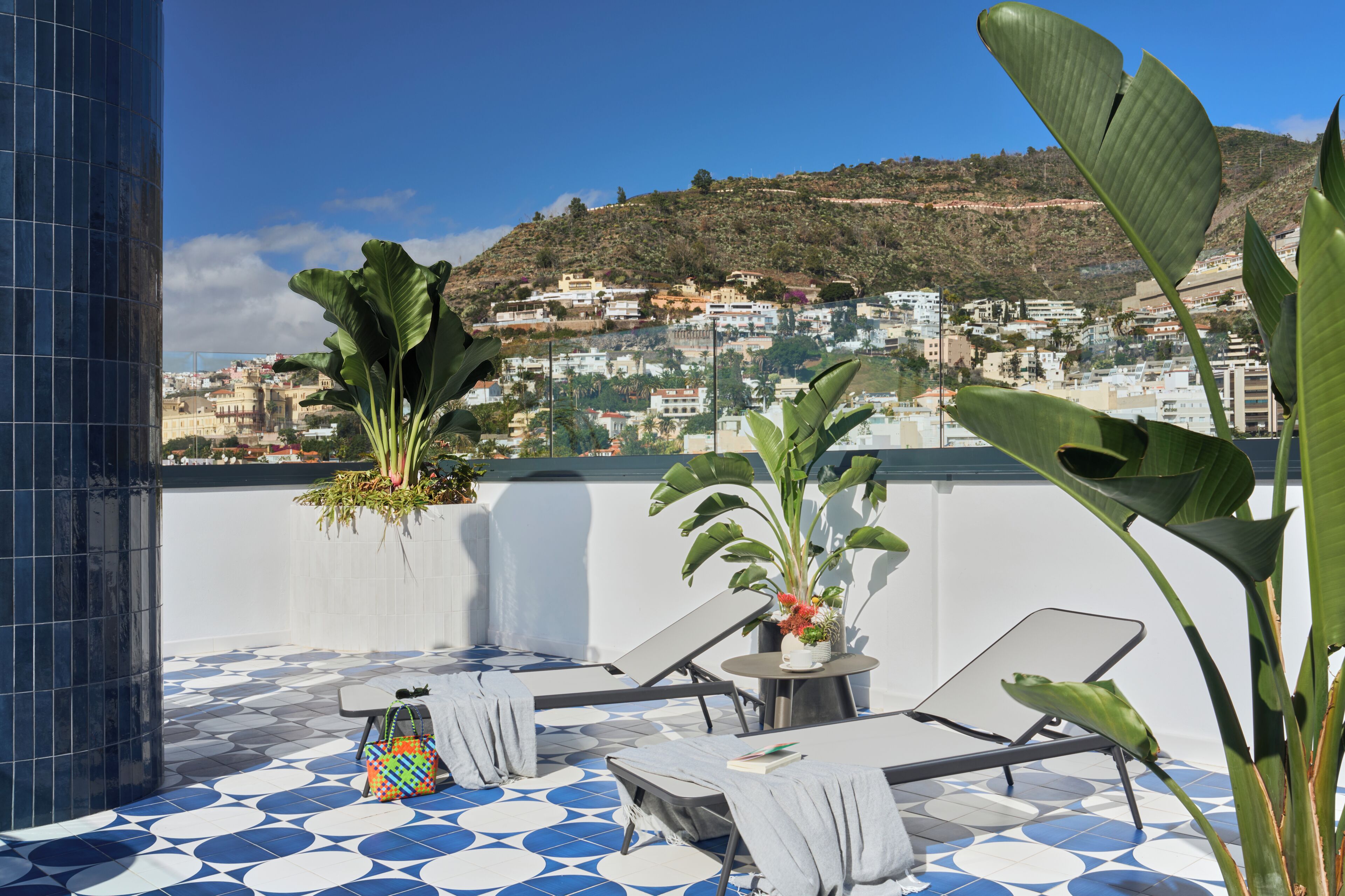 A rooftop terrace with lounge chairs, a table, and potted plants.