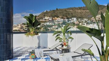 A rooftop terrace with lounge chairs, a table, and potted plants.