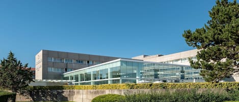 Un edificio moderno con fachada de vidrio y base de piedra, rodeado de follaje cuidado.