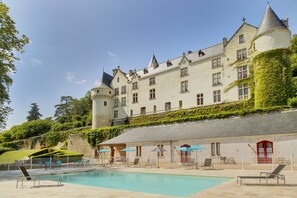Outdoor pool, open 9:00 AM to 8:00 PM, pool umbrellas, pool loungers