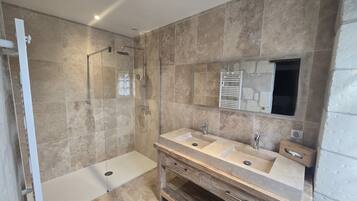 Une salle de bain avec deux lavabos, une douche et un grand miroir.