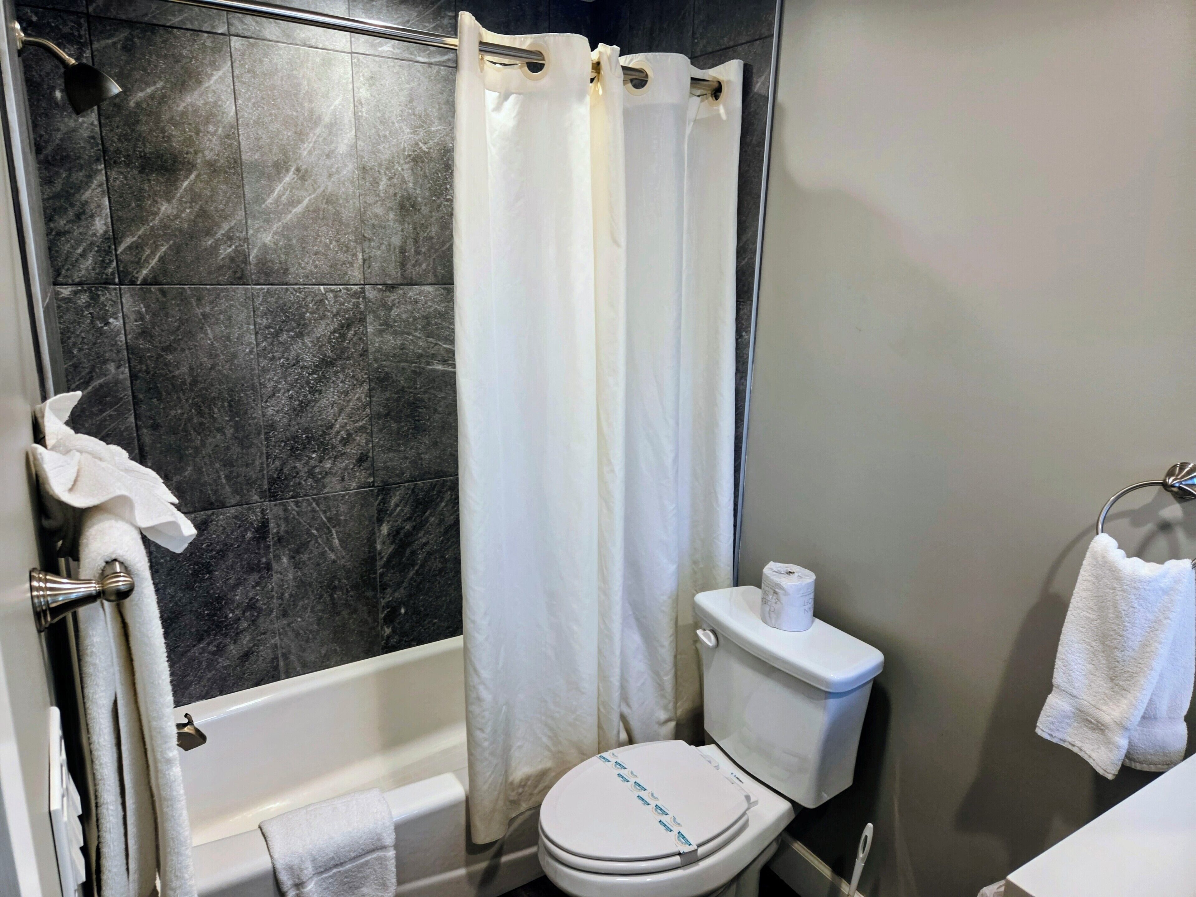 Ein Badezimmer mit Badewanne, Toilette und Duschvorhang.