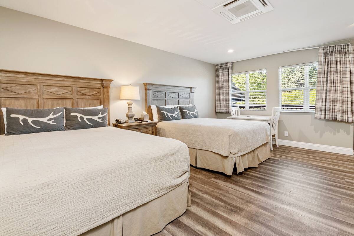 A bedroom with two beds, a nightstand, a lamp, and a window with curtains.