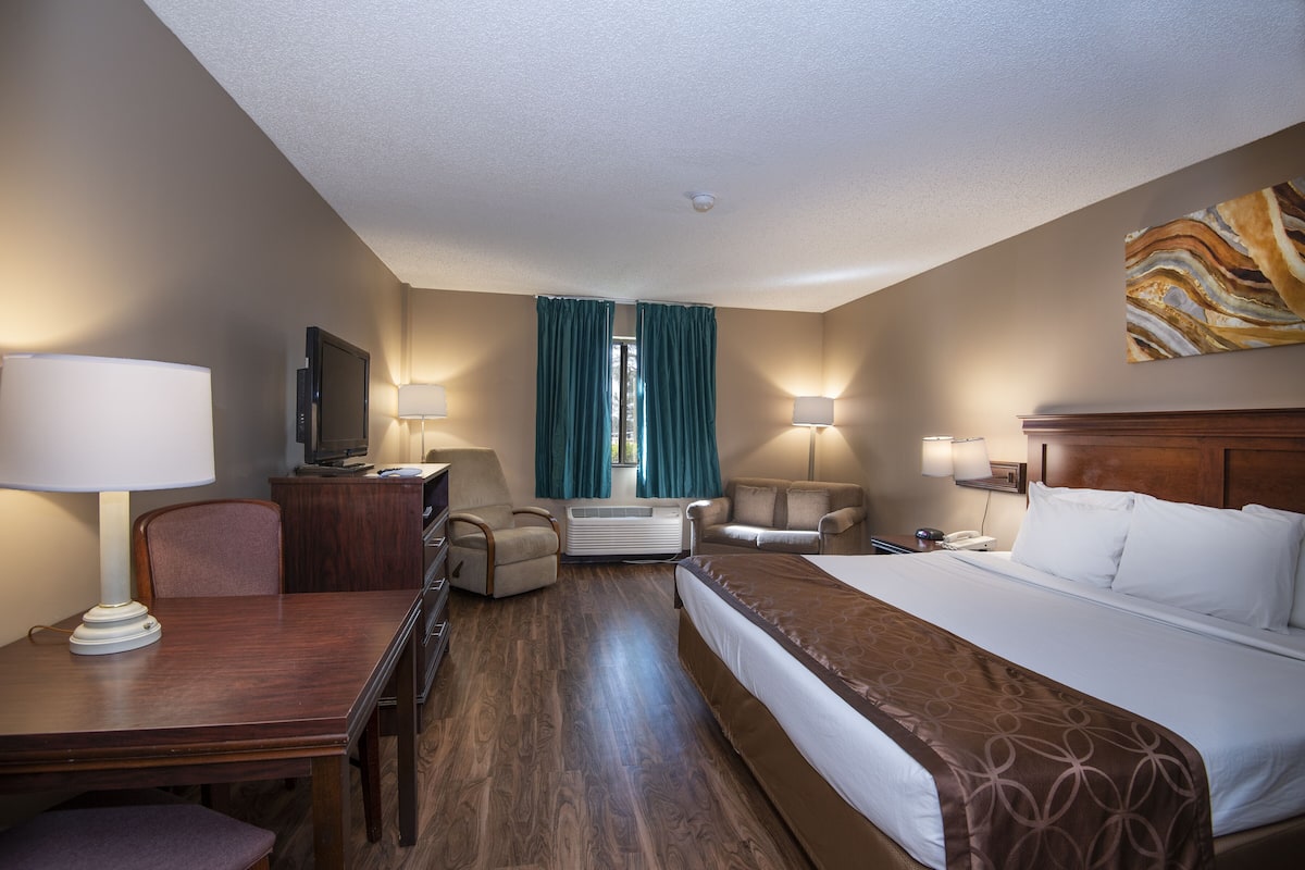 A hotel room with a bed, a desk, a chair, a sofa, and a TV.