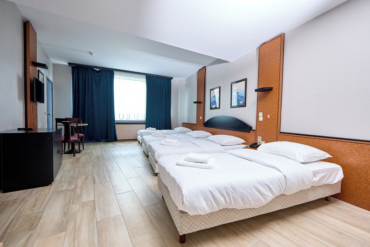 A hotel room with a large bed, a desk, a chair, and a television.