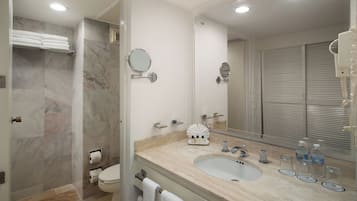 Shower, rainfall showerhead, designer toiletries, hair dryer