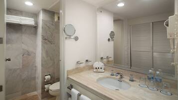 Shower, rainfall showerhead, designer toiletries, hair dryer