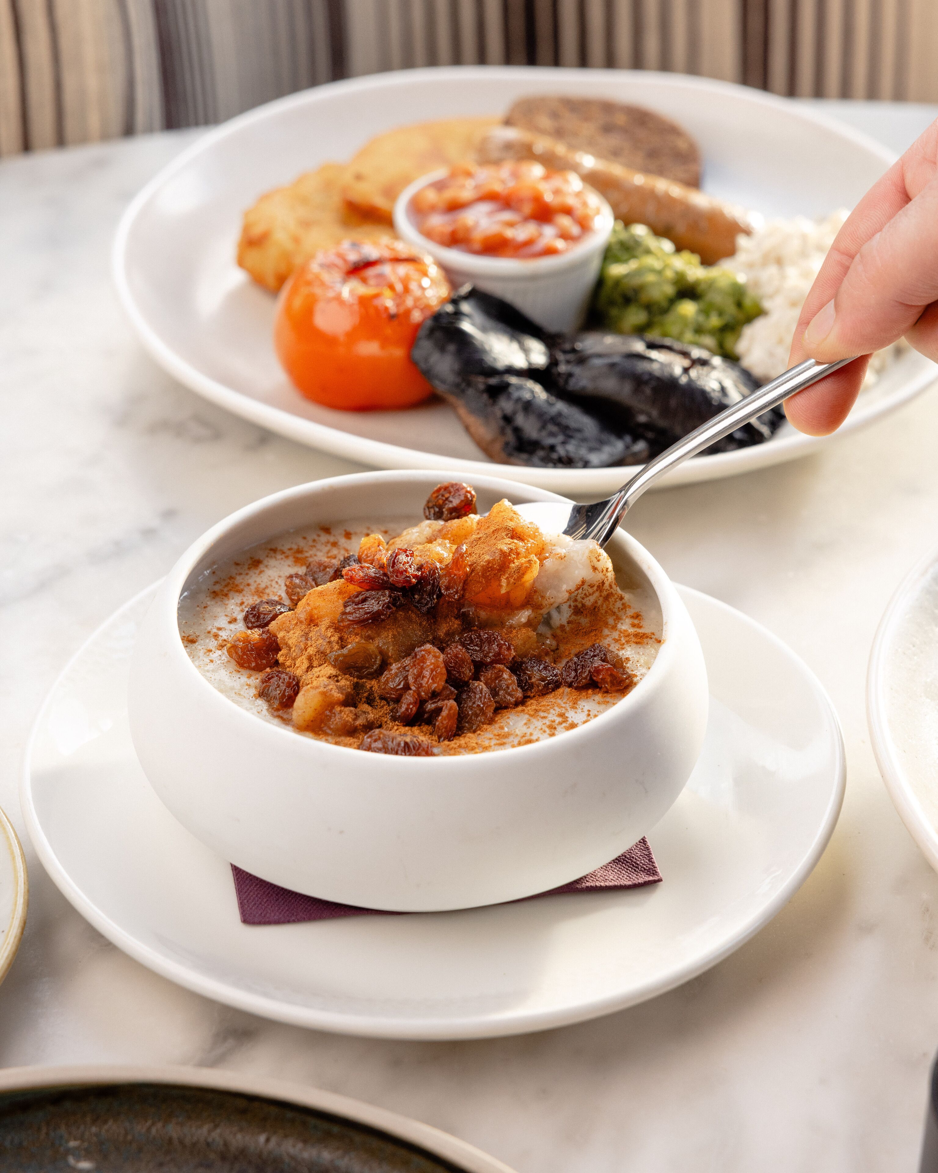 A bowl of food with raisins and cinnamon on a white plate.