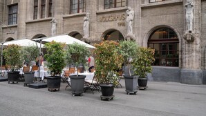 An outdoor seating area with tables and chairs, potted plants, and a building with the inscription 'VOLKSHAVS 1914' in the background.