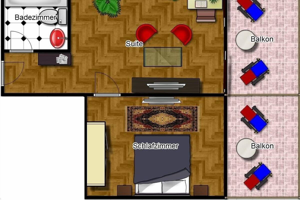 Grundriss eines Hotels mit Bad, Suite, Wohnzimmer, Schlafzimmer und Balkonen.
