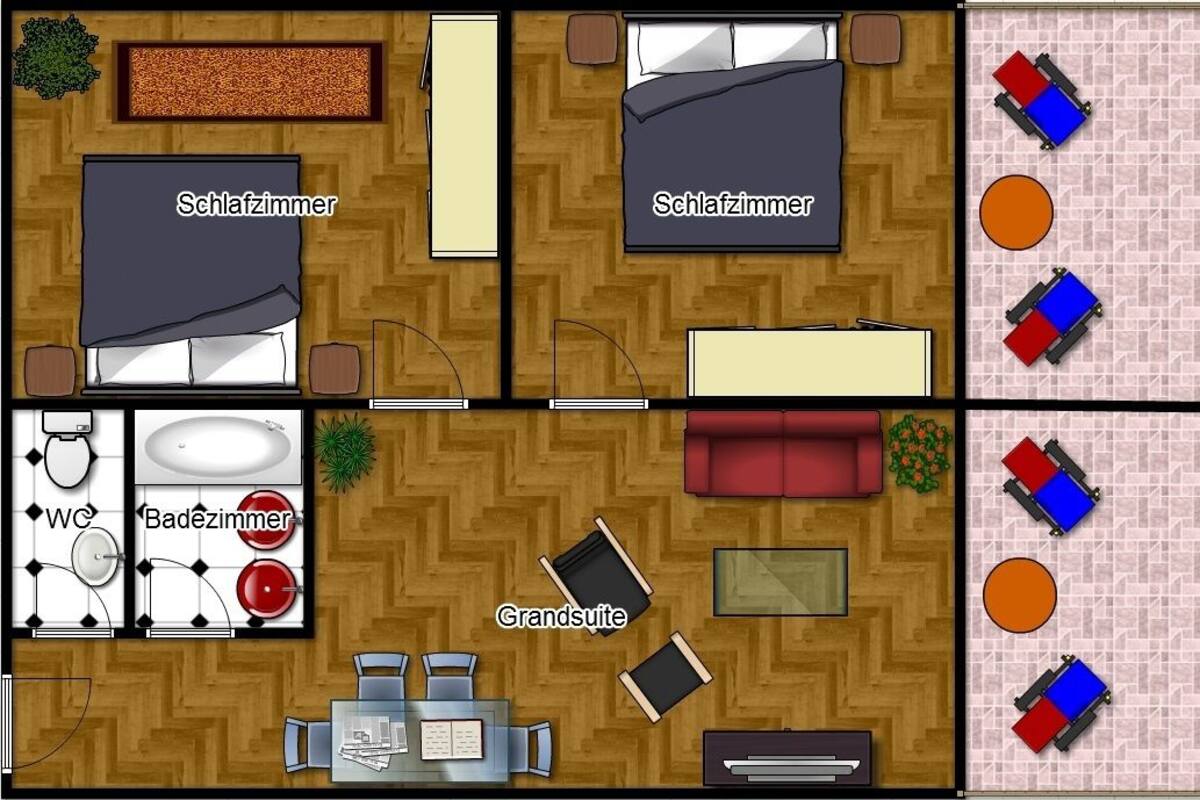 Grundriss eines Hotels mit zwei Schlafzimmern, einem Badezimmer, einer Küche und einem Wohnbereich.