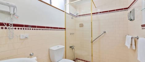 A bathroom with a glass-enclosed shower, a toilet, and a sink.